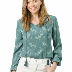 Allegra K Women's Boho Floral Casual Ruffle Tie Keyhole Long Sleeve Blouse Top