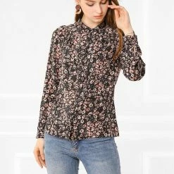 Allegra K Button Down Stand Collar V Neck Long Sleeve Floral Blouse Women 85 Allegra K Button Down Stand Collar V Neck Long Sleeve Floral Blouse Women