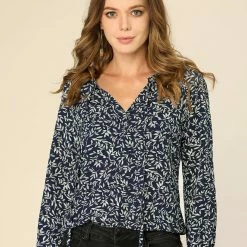 Allegra K Women's Rustic Tie Neck Leaves Printed Ruffle Cuffs Long Sleeve Peasant Top