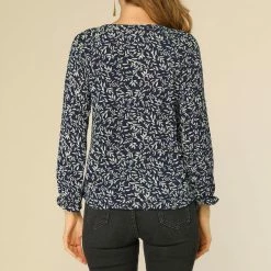 Allegra K Women's Rustic Tie Neck Leaves Printed Ruffle Cuffs Long Sleeve Peasant Top