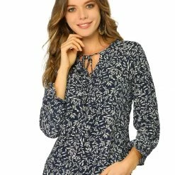 Allegra K Women's Rustic Tie Neck Leaves Printed Ruffle Cuffs Long Sleeve Peasant Top