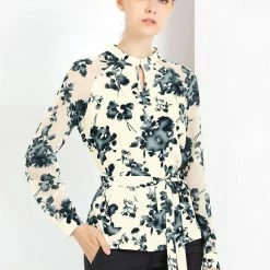Allegra K Women's Elegant Work Shirts Long Raglan Sleeve Collared Tops Floral Peplum Blouses