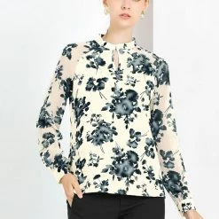 Allegra K Women's Elegant Work Shirts Long Raglan Sleeve Collared Tops Floral Peplum Blouses
