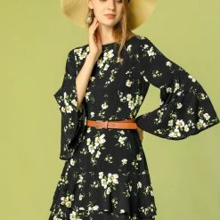 Allegra K Women's Floral Prints Bell Sleeve Ruffle Hem Fit And Flare Dress