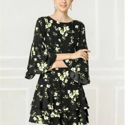 Allegra K Women's Floral Prints Bell Sleeve Ruffle Hem Fit And Flare Dress