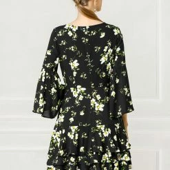 Allegra K Women's Floral Prints Bell Sleeve Ruffle Hem Fit And Flare Dress