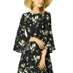 Allegra K Women's Floral Prints Bell Sleeve Ruffle Hem Fit And Flare Dress