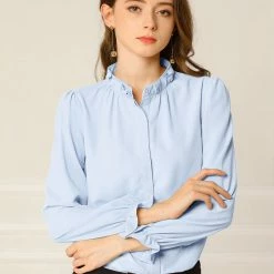 Allegra K Women's Button-Down Work Office Tops Chiffon Ruffled Stand Collar Blouse 55 Allegra K Women's Button-Down Work Office Tops Chiffon Ruffled Stand Collar Blouse