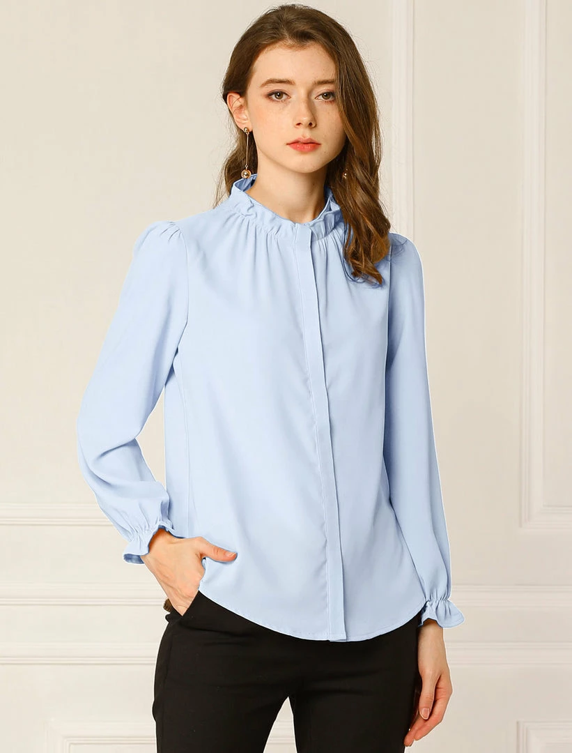 Allegra K Women's Button-Down Work Office Tops Chiffon Ruffled Stand Collar Blouse 22 Allegra K Women's Button-Down Work Office Tops Chiffon Ruffled Stand Collar Blouse