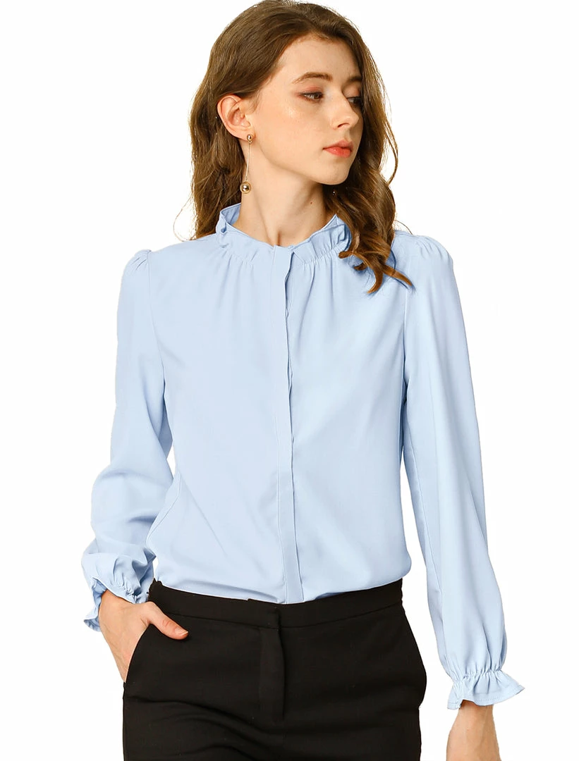 Allegra K Women's Button-Down Work Office Tops Chiffon Ruffled Stand Collar Blouse 20 Allegra K Women's Button-Down Work Office Tops Chiffon Ruffled Stand Collar Blouse