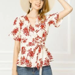 Allegra K Women's Wrap Peplum Top Blouse Tie Waist Short Sleeve Ruffle Floral V Neck Belted Shirts
