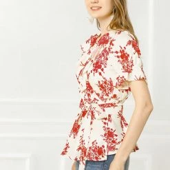 Allegra K Women's Wrap Peplum Top Blouse Tie Waist Short Sleeve Ruffle Floral V Neck Belted Shirts