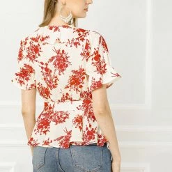 Allegra K Women's Wrap Peplum Top Blouse Tie Waist Short Sleeve Ruffle Floral V Neck Belted Shirts