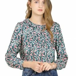 Allegra K Women's Ruffle Collar Ruched Loose Top Long Sleeve Vintage Chiffon Boho Floral Blouse