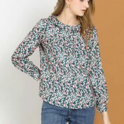 Allegra K Women's Ruffle Collar Ruched Loose Top Long Sleeve Vintage Chiffon Boho Floral Blouse