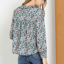 Allegra K Women's Ruffle Collar Ruched Loose Top Long Sleeve Vintage Chiffon Boho Floral Blouse