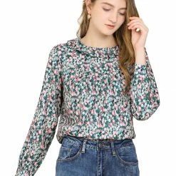 Allegra K Women's Ruffle Collar Ruched Loose Top Long Sleeve Vintage Chiffon Boho Floral Blouse