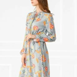 Allegra K Women's Vintage Floral Tie V Neck Smocked Waist Ruffle Dress 17 Allegra K Women's Vintage Floral Tie V Neck Smocked Waist Ruffle Dress