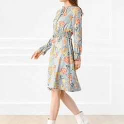 Allegra K Women's Vintage Floral Tie V Neck Smocked Waist Ruffle Dress 19 Allegra K Women's Vintage Floral Tie V Neck Smocked Waist Ruffle Dress