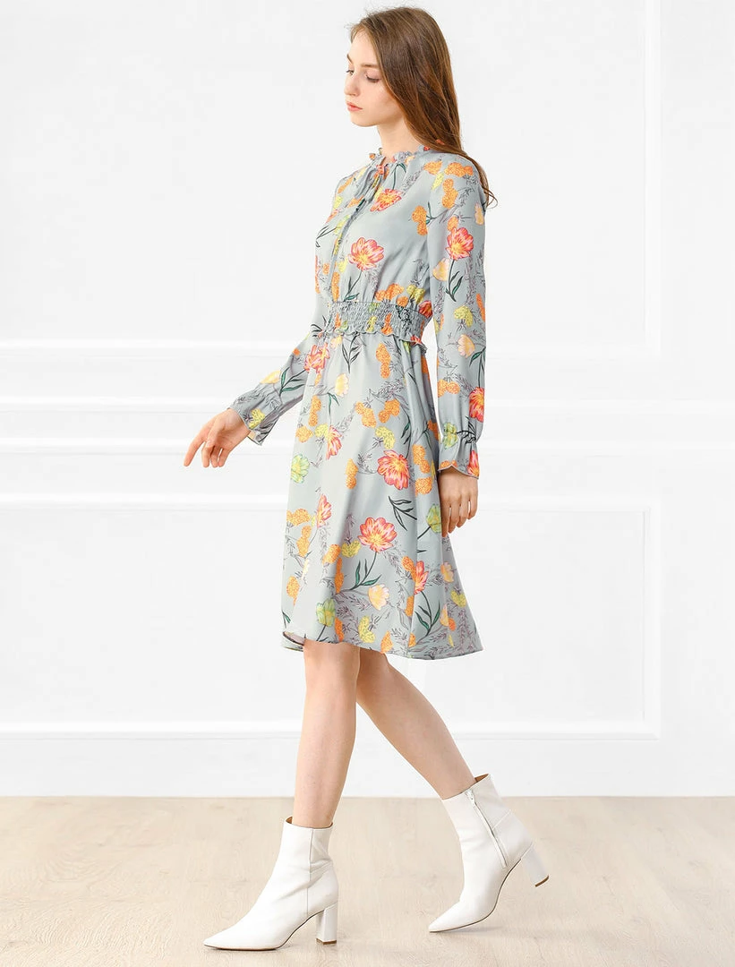 Allegra K Women's Vintage Floral Tie V Neck Smocked Waist Ruffle Dress 7 Allegra K Women's Vintage Floral Tie V Neck Smocked Waist Ruffle Dress