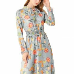 Allegra K Women's Vintage Floral Tie V Neck Smocked Waist Ruffle Dress 16 Allegra K Women's Vintage Floral Tie V Neck Smocked Waist Ruffle Dress