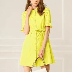 Allegra K Women's Casual Short Ruffled Sleeve Cotton Solid Color Button Down Shirt Dress With Belt