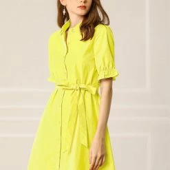 Allegra K Women's Casual Short Ruffled Sleeve Cotton Solid Color Button Down Shirt Dress With Belt