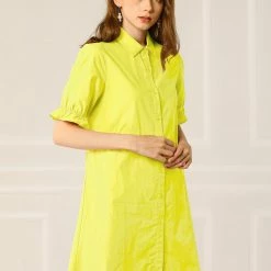 Allegra K Women's Casual Short Ruffled Sleeve Cotton Solid Color Button Down Shirt Dress With Belt