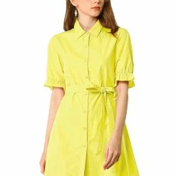 Allegra K Women's Casual Short Ruffled Sleeve Cotton Solid Color Button Down Shirt Dress With Belt
