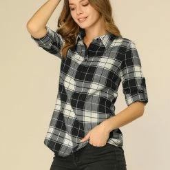 Allegra K Women's Roll Up Sleeve Collar Half Placket Plaid Tunic Shirt 22 Allegra K Women's Roll Up Sleeve Collar Half Placket Plaid Tunic Shirt