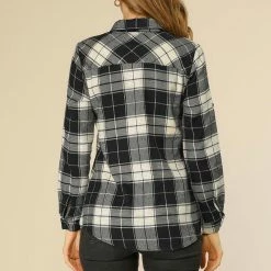 Allegra K Women's Roll Up Sleeve Collar Half Placket Plaid Tunic Shirt 24 Allegra K Women's Roll Up Sleeve Collar Half Placket Plaid Tunic Shirt