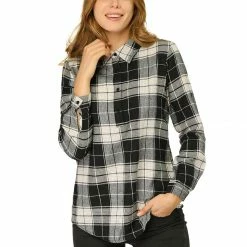 Allegra K Women's Roll Up Sleeve Collar Half Placket Plaid Tunic Shirt 20 Allegra K Women's Roll Up Sleeve Collar Half Placket Plaid Tunic Shirt