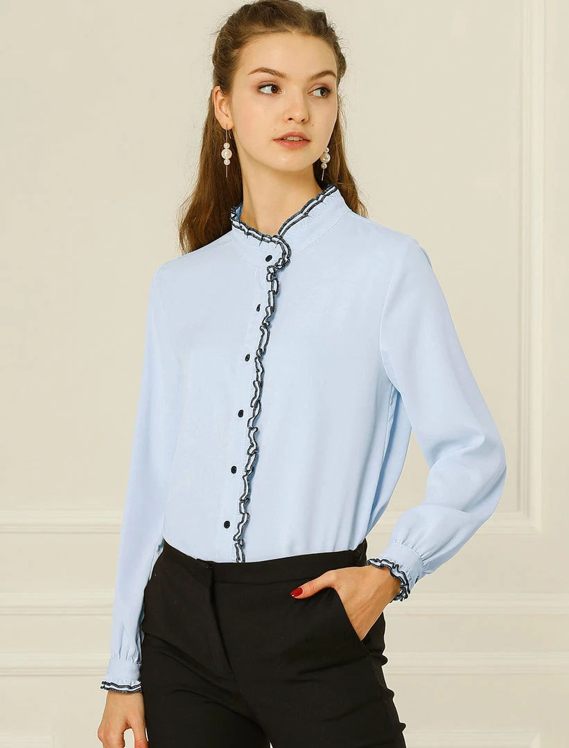 Allegra K Women Ruffle Stand Collar Shirt Button Down Office Work Chiffon Long Sleeve Top 22 Allegra K Women Ruffle Stand Collar Shirt Button Down Office Work Chiffon Long Sleeve Top
