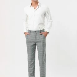 Allegra K Men's Plaid Checks Patterned Flat Front Chino Dress Pants