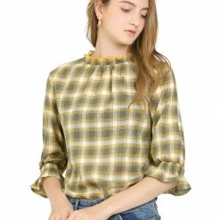 Allegra K Women's Vintage Check Ruffle Neck 3/4 Bell Sleeve Plaid Blouse Top