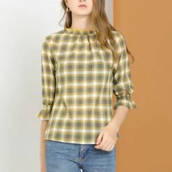 Allegra K Women's Vintage Check Ruffle Neck 3/4 Bell Sleeve Plaid Blouse Top