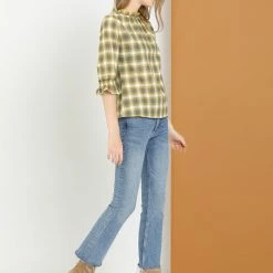 Allegra K Women's Vintage Check Ruffle Neck 3/4 Bell Sleeve Plaid Blouse Top