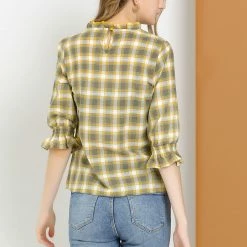 Allegra K Women's Vintage Check Ruffle Neck 3/4 Bell Sleeve Plaid Blouse Top