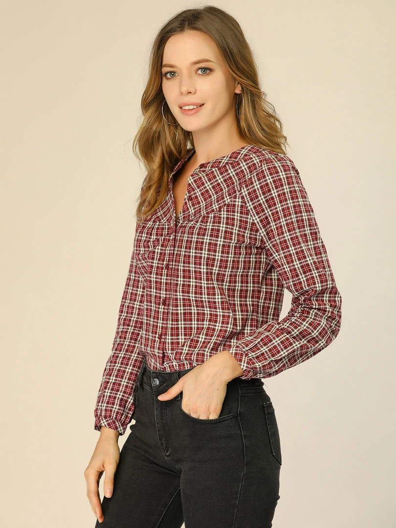 Allegra K Women's Tartan Check Button Down Puff Sleeves Plaid Collarless Shirt Top 4 Allegra K Women's Tartan Check Button Down Puff Sleeves Plaid Collarless Shirt Top