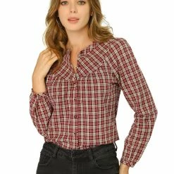 Allegra K Women's Tartan Check Button Down Puff Sleeves Plaid Collarless Shirt Top 10 Allegra K Women's Tartan Check Button Down Puff Sleeves Plaid Collarless Shirt Top