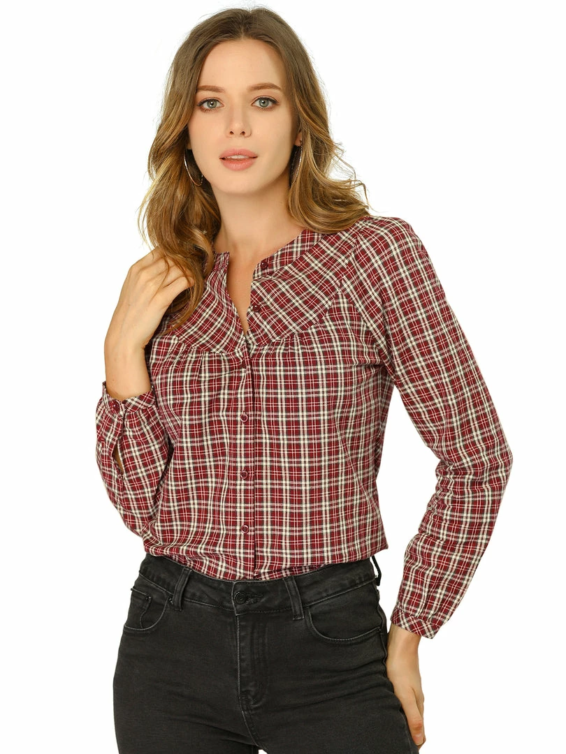 Allegra K Women's Tartan Check Button Down Puff Sleeves Plaid Collarless Shirt Top 5 Allegra K Women's Tartan Check Button Down Puff Sleeves Plaid Collarless Shirt Top