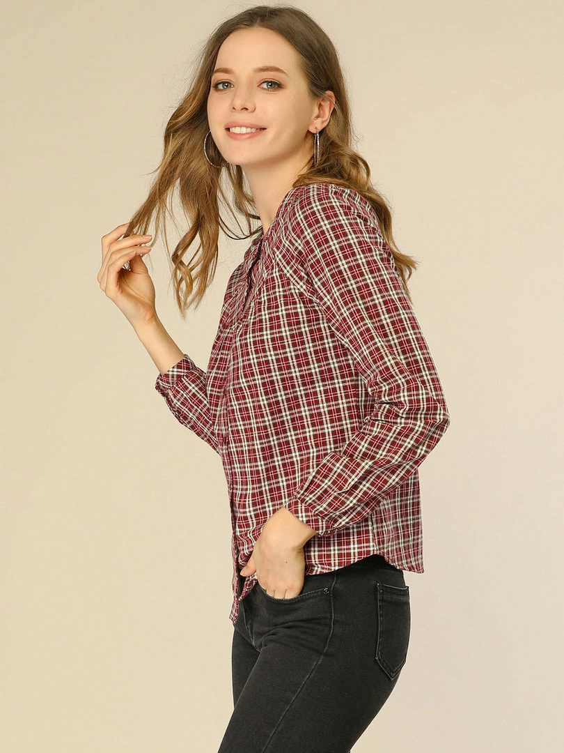 Allegra K Women's Tartan Check Button Down Puff Sleeves Plaid Collarless Shirt Top 6 Allegra K Women's Tartan Check Button Down Puff Sleeves Plaid Collarless Shirt Top