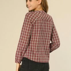 Allegra K Women's Tartan Check Button Down Puff Sleeves Plaid Collarless Shirt Top 12 Allegra K Women's Tartan Check Button Down Puff Sleeves Plaid Collarless Shirt Top