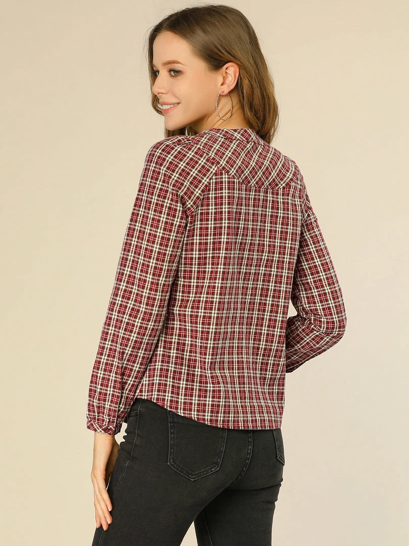 Allegra K Women's Tartan Check Button Down Puff Sleeves Plaid Collarless Shirt Top 7 Allegra K Women's Tartan Check Button Down Puff Sleeves Plaid Collarless Shirt Top