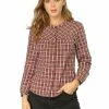Allegra K Women's Tartan Check Button Down Puff Sleeves Plaid Collarless Shirt Top