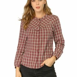 Allegra K Women's Tartan Check Button Down Puff Sleeves Plaid Collarless Shirt Top