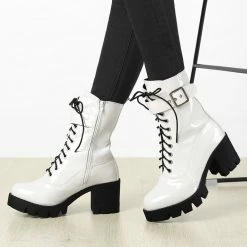 Allegra K Women's Zip Platform Chunky Heel Combat Boots