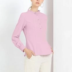 Allegra K Women's Ruffle Neck Long Gigot Sleeve Half Placket Solid Top