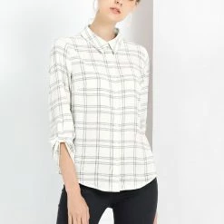 Allegra K Women's Roll Up Long Sleeves Button Down Work Plaid Shirt