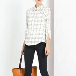 Allegra K Women's Roll Up Long Sleeves Button Down Work Plaid Shirt